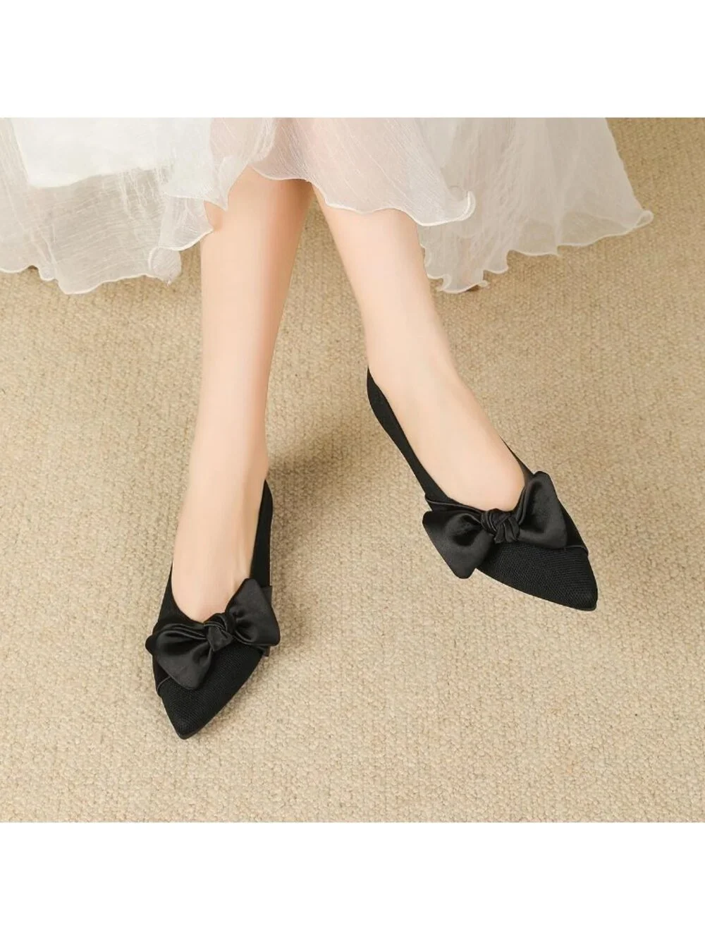 Women's Black Mesh Pointed Toe Ballet Slip On Comfortable  Flats with Bow Shoes